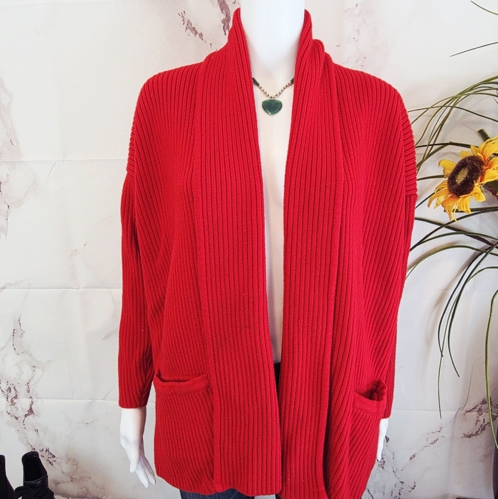 Linda Allard Ellen Tracy Merino Wool Ribbed Cardigan Red Open Front Small U.S.A.